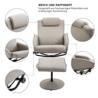 Relaxsessel mit Hocker, 360°drehbarer Fernsehsessel mit Liegefunktion, TV Sessel, Kunstleder, Lesesessel für Wohnzimmer, Schlafzimmer, Grau