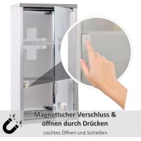 Medizinschrank aus Edelstahl Arzneischrank zur Medikamenten-Aufbewahrung, Abschließbar Medikamentenschrank mit 3 Fächer, Glastür 25 x 12 x 48 cm, Silber