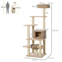 Rattan Kratzbaum mit Katzenhöhle Mehrstufiger Katzenbaum Kletterbaum für Katzen E1 MDF Sisal Beige+Braun 55 x 55 x 174 cm