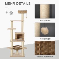 Rattan Kratzbaum mit Katzenhöhle Mehrstufiger Katzenbaum Kletterbaum für Katzen E1 MDF Sisal Beige+Braun 55 x 55 x 174 cm