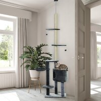 Kratzbaum deckenhoch Höhe 220-265 cm Katzenbaum mit Spielbälle, Katzenhöhle, Hängematte, Sisalstämme, Plattformen mehrstöckiger Katzenkratzbaum Kletterbaum für mittelgroße Katzen, Dunkelgrau