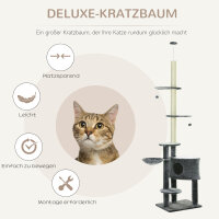 Kratzbaum deckenhoch Höhe 220-265 cm Katzenbaum mit Spielbälle, Katzenhöhle, Hängematte, Sisalstämme, Plattformen mehrstöckiger Katzenkratzbaum Kletterbaum für mittelgroße Katzen, Dunkelgrau