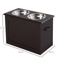 Futterstation, 2 Fressnäpfe aus Edelstahl, versteckter Stauraum, 60 cm x 30 cm x 41 cm, Schwarz + Silber