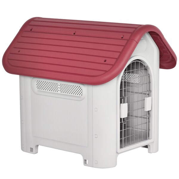 Hundehütte Outdoor, Hundehaus mit Dachluke Tor Unterschlupf, Wasserdichte Hundehöhle mit Luftzirkulation Hütte für kleine Hunde, draußen Rot+Hellgrau 59 x 75 x 66 cm