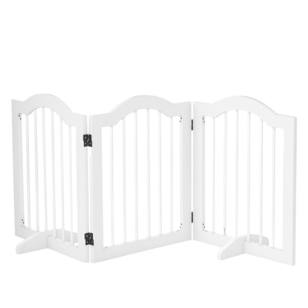 Absperrgitter Hund 3-teilig, 154,5 x 61 cm Faltbar Hundegitter mit Tür, Türschutzgitter mit 2 Stützfüßen, Freistehend Treppengitter für Küche, Flur, Weiß