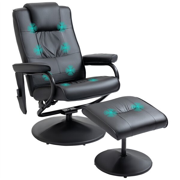Massagesessel mit Hocker, Drehbares Relaxsessel mit Massagefunktion, Elektrisches Fernsehsessel mit Liegefunktion, Fernbedienung für Wohnzimmer, Kunstleder, Schwarz