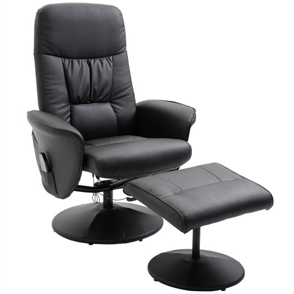 Relaxsessel mit Fußhocker, Elektrischer Massagesessel mit Liegefunktion, 10 Massagepunkte, Drehbarer Fernsehsessel mit Seitentasche, Fernbedienung, Kunstleder, Schwarz