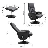 Relaxsessel mit Fußhocker, Elektrischer Massagesessel mit Liegefunktion, 10 Massagepunkte, Drehbarer Fernsehsessel mit Seitentasche, Fernbedienung, Kunstleder, Schwarz
