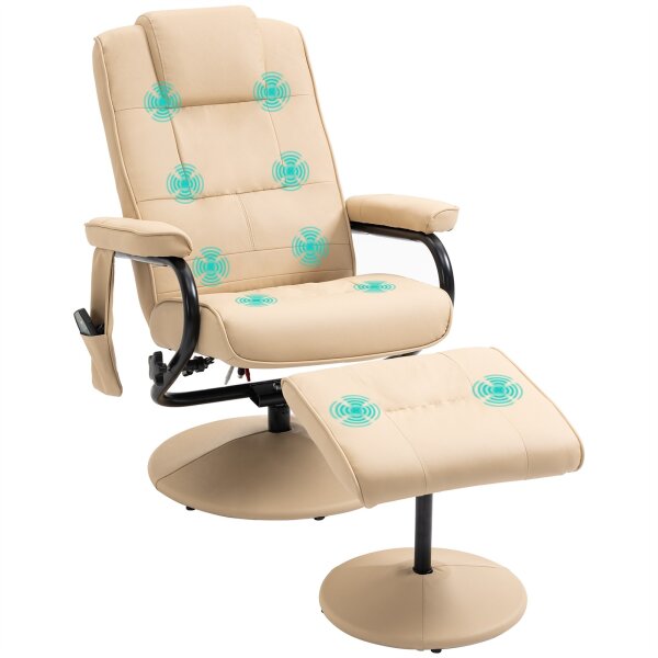 Massagesessel mit Hocker, Drehbares Relaxsessel mit Massagefunktion, Elektrisches Fernsehsessel mit Liegefunktion, Fernbedienung für Wohnzimmer, Kunstleder, Creme