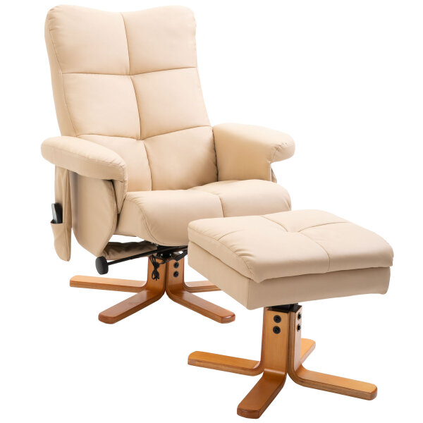 Relaxsessel Massagesessel mit Fußhocker Stauraum Liegefunktion Fernsehsessel mit Massagefunktion TV Sessel 145°-Neigung Polyester Cremeweiß 80 x 86 x 99 cm