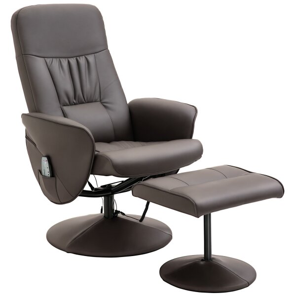 Relaxsessel mit Hocker, drehbarer Fernsehsessel mit 10 Massagepunkte, Liegefunktion, Massagesessel mit Fernbedienung, Seitentasche, TV-Sessel, Kunstleder, Braun