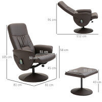 Relaxsessel mit Hocker, drehbarer Fernsehsessel mit 10 Massagepunkte, Liegefunktion, Massagesessel mit Fernbedienung, Seitentasche, TV-Sessel, Kunstleder, Braun