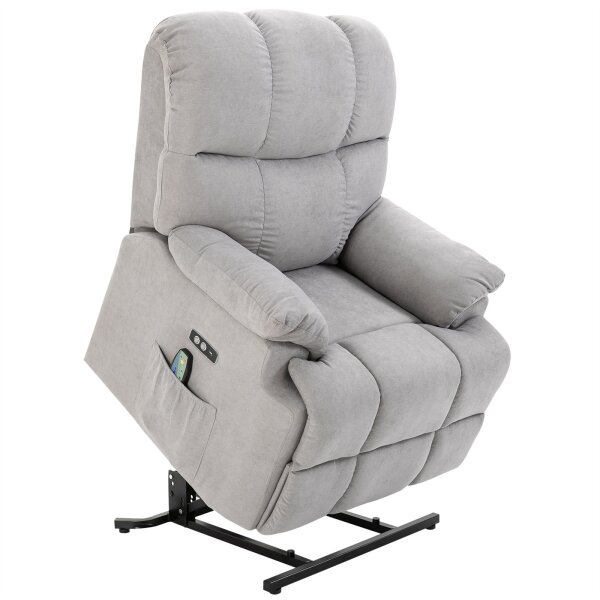 Sessel mit Aufstehhilfe, Massagesessel, Relaxsessel mit USB-Anschluss, Fernsehsessel mit Fernbedienung, Seitentasche, Neigebarer TV-Sessel mit Samtoptik, Grau