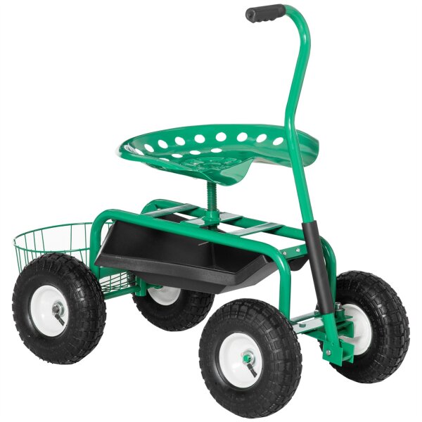 Gartenwagen mit Rollsitz bis 150 kg mit Ablage Korb für kleine Gartengeräte Werkstattwagen fahrbar Gartensitz Richtung steuerbar Sitzhöhe 46-59 cm höhenverstellbar Metall Gummi Grün