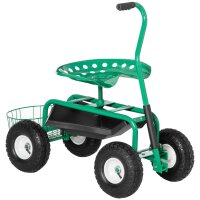 Gartenwagen mit Rollsitz bis 150 kg mit Ablage Korb für kleine Gartengeräte Werkstattwagen fahrbar Gartensitz Richtung steuerbar Sitzhöhe 46-59 cm höhenverstellbar Metall Gummi Grün