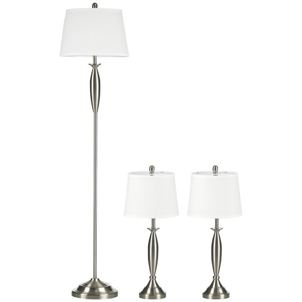 3-teiliges Leuchten-Set. 1 Stehleuchte, 2 Tischleuchten, Leinenoptik; 38 cm x 38 cm x 158 cm, Silber + Weiß