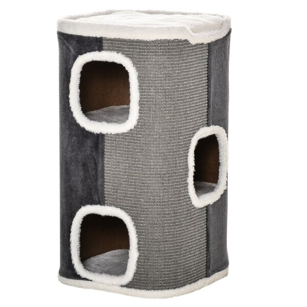Kratztonne für Katzen Katzenkratzbaum 3 Ebenen Katzenbaum Kletterbaum für Katzen Katzenmöbel Spanplatte samtartiges Polyester Sisal Grau+Weiß 40 x 40 x 74 cm