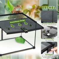 Terrarium für Reptilien Reptile Fütterungsbox Glasterrarium Amphibien Spinnentiere mit Thermometer Reptilienzuchtbox für Schnecken Amphibien Insekten Schildkröten Schwarz 50 x 30 x 35 cm