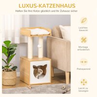 Katzenhöhle Katzenbett mit waschbarem Kissen, Plattform, Kratzsäule, Spielball, Katzenhaus für Katzen für Indoor 35 x 35 x 81 cm Eiche