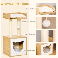 Katzenhöhle Katzenbett mit waschbarem Kissen, Plattform, Kratzsäule, Spielball, Katzenhaus für Katzen für Indoor 35 x 35 x 81 cm Eiche
