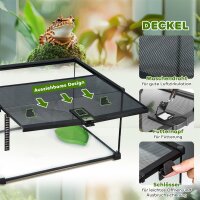 Reptilienbox Terrarium, inkl. Streifenthermometer, Fütterungsklappen, 50 cm x 30 cm x 25 cm, Glas + Metall, Schwarz