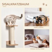 4tlg. Kletterwand für Katzen Katzenkletterwand mit Kratzbaum Katzentreppe Katzenmöbel Hängematte Hellbraun Sisal Acryl Kiefer