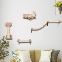 4tlg. Kletterwand für Katzen Katzenkletterwand mit Kratzbaum Katzentreppe Katzenmöbel Hängematte Hellbraun Sisal Acryl Kiefer