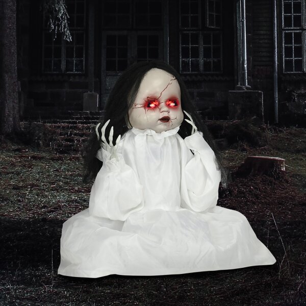 Halloween-Dekoration Horrorpuppe, LED-Augen, heult, springt hoch, Geräusch- & Bewegungssensor, 60 cm