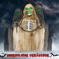 Halloweendekoration, Hängendes Skelett, leuchtender Kopf, unheimliches Heulen, biegsame Arme, Khaki