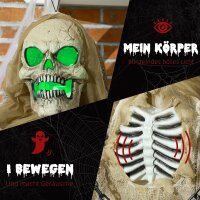 Halloweendekoration, Hängendes Skelett, leuchtender Kopf, unheimliches Heulen, biegsame Arme, Khaki