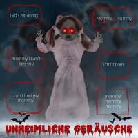 Horrorpuppe, Helloweendeko, aktiviert mit Geräusche/Berührung, rote Augen, Sound, 76 cm