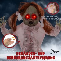 Horrorpuppe, Helloweendeko, aktiviert mit Geräusche/Berührung, rote Augen, Sound, 76 cm