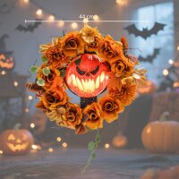 Halloween-Kranz, Grusel-Kürbis-Design, Herbstblätter, Lichteffekte, Kunststoff