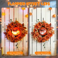 Halloween-Kranz, Grusel-Kürbis-Design, Herbstblätter, Lichteffekte, Kunststoff