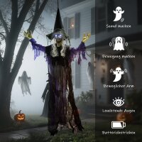 183cm Halloween Dekoration Hängende Halloween Hexe mit LED-Lichter, Soundfunktion verstellbare Arme, Mund