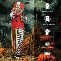 Grusel-Clown, Halloween-Animatronik, 173 cm, leuchtende Augen, Geräusch-Aktivierung, bewegliche Arme und Kopf, Batteriebetrieb, Kunststoff, Metall, Rot