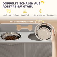 Erhöhte Futterstation mit 2 Näpfen und Schrank, MDF, Edelstahl, Knochenmuster, Grau