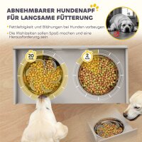 Erhöhte Futterstation mit 2 Näpfen und Schrank, MDF, Edelstahl, Knochenmuster, Grau