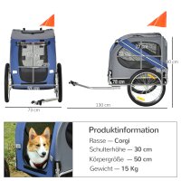 2-in-1 Haustieranhänger Fahrradanhänger bis 20kg klappbar Regenschutz Sicherheitsfahne Reflektoren Stahl grau+blau 130 x 73 x 90cm