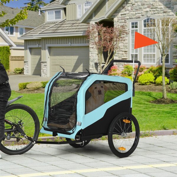 2-in-1 Hundeanhänger Hundewagen Fahrradanhänger bis 30kg klappbar Schiebefunktion 2 Eingänge Netzfenster Sonnenschutz Stahlrahmen hellblau 170 x 77 x 90 cm