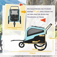 2-in-1 Hundeanhänger Hundewagen Fahrradanhänger bis 30kg klappbar Schiebefunktion 2 Eingänge Netzfenster Sonnenschutz Stahlrahmen hellblau 170 x 77 x 90 cm
