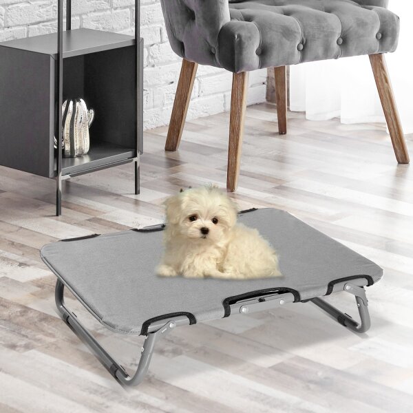 Hundeliege Outdoor, klappbar Erhöhtes Hundebett für kleine Hunde, Kühlendes Haustierliege mit Stahlrahmen, Haustierbett für Draußen Camping, 59 x 46 x 15 cm, Grau