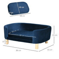 Hundesofa Hundebett aus holländischem Samt Hundecouch mit Rückenlehne, Holzbeine, Kissen Blau