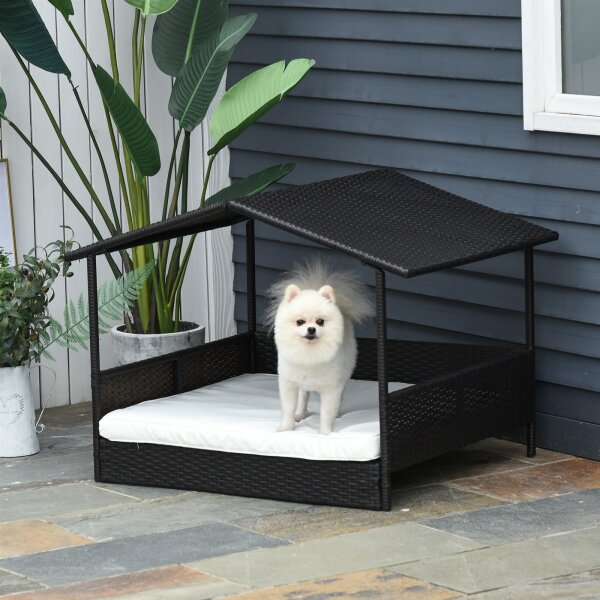 Rattan Hundeliege Outdoor mit Dach, Erhöhtes Hundebett 69 x 98 x 70 cm Kühlendes Haustierliege mit Metallrahmen, Abnehmbare Kissen Hautierbett für kleine und mittelgroße Hunde, Kaffee-Braun
