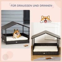 Rattan Hundeliege Outdoor mit Dach, Erhöhtes Hundebett 69 x 98 x 70 cm Kühlendes Haustierliege mit Metallrahmen, Abnehmbare Kissen Hautierbett für kleine und mittelgroße Hunde, Kaffee-Braun