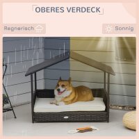 Rattan Hundeliege Outdoor mit Dach, Erhöhtes Hundebett 69 x 98 x 70 cm Kühlendes Haustierliege mit Metallrahmen, Abnehmbare Kissen Hautierbett für kleine und mittelgroße Hunde, Kaffee-Braun