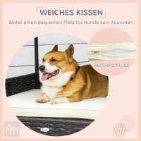 Rattan Hundeliege Outdoor mit Dach, Erhöhtes Hundebett 69 x 98 x 70 cm Kühlendes Haustierliege mit Metallrahmen, Abnehmbare Kissen Hautierbett für kleine und mittelgroße Hunde, Kaffee-Braun