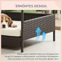 Rattan Hundeliege Outdoor mit Dach, Erhöhtes Hundebett 69 x 98 x 70 cm Kühlendes Haustierliege mit Metallrahmen, Abnehmbare Kissen Hautierbett für kleine und mittelgroße Hunde, Kaffee-Braun