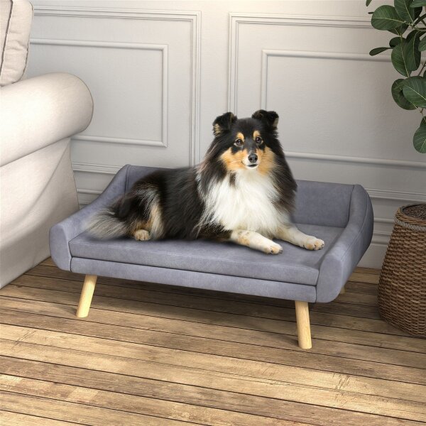 Haustiersofa Hundesofa, Skandidesign, abnehmbares Polster, Samtoptik, 102 cm x 58,5 cm x 42,5 cm, Grau + Natur