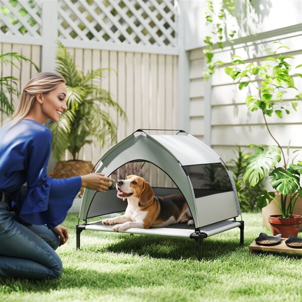Hundeliege Outdoor mit Dach, Erhöhtes Hundebett für mittelgroße Hunde, mit Stahlrahmen, 76x61x70cm, Hellgrau